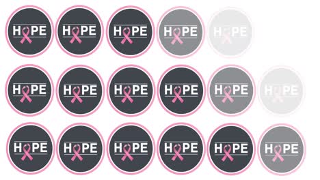 Animation-of-multiple-pink-ribbon-logo-and-hope-text-appearing-on-white-background