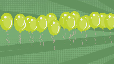 Animation-of-green-balloons-flying-over-dark-green-background