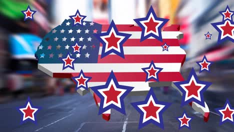Animation-of-red,-white-and-blue-stars-over-american-flag-map,-on-city-street-background