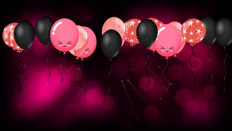 Animation-Von-Bunten-Luftballons,-Die-über-Rote-Lichter-Auf-Schwarzem-Hintergrund-Fliegen