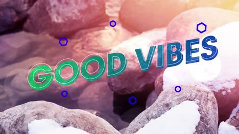 Animation-of-good-vibes-text-over-stones-cover-with-snow