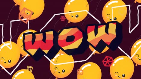 Animation-Von-Wow-Text-über-Orangefarbenen-Luftballons,-Die-Auf-Dunklem-Hintergrund-Fliegen