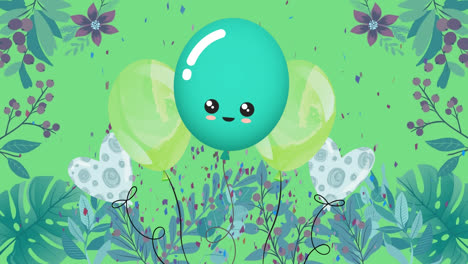 Animation-of-green-balloons-flying-and-flowers-over-green-background