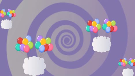 Animation-of-colorful-balloons-flying-with-clouds-over-blue-background