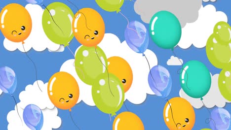 Animation-of-colorful-balloons-flying-over-cloudy-sky