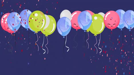 Animation-Von-Bunten-Luftballons,-Die-Fliegen-Und-Konfetti-Auf-Blauem-Hintergrund-Fallen