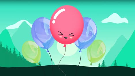 Animation-of-colorful-balloons-flying-over-green-landscape