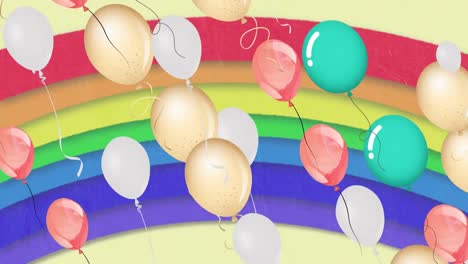 Animation-Von-Bunten-Luftballons,-Die-über-Regenbogenhintergrund-Fliegen