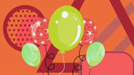Animation-Von-Bunten-Luftballons,-Die-über-Roten-Hintergrund-Fliegen