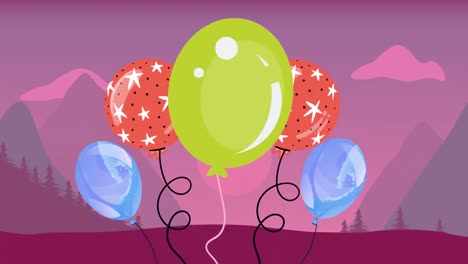 Animation-Von-Bunten-Luftballons,-Die-über-Eine-Violette-Landschaft-Fliegen