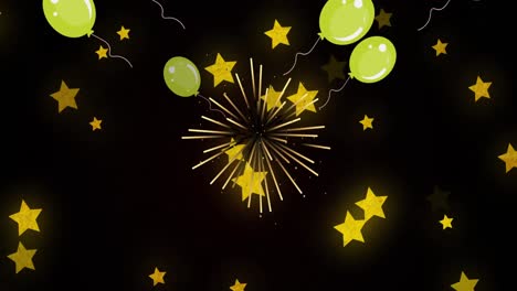 Animation-Von-Gelben-Luftballons-Und-Sternen,-Die-über-Feuerwerk-Auf-Schwarzem-Hintergrund-Fliegen