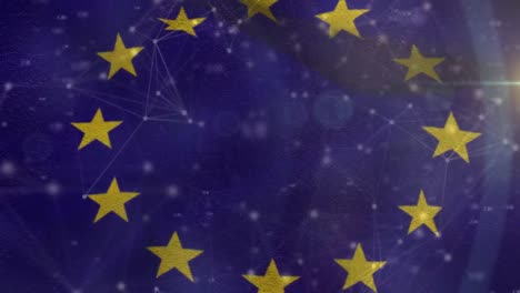 Animation-of-european-union-flag-waving-over-network-of-connections-on-blue-background