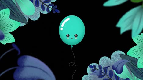 Animation-of-blue-balloon-and-flowers-over-dark-background