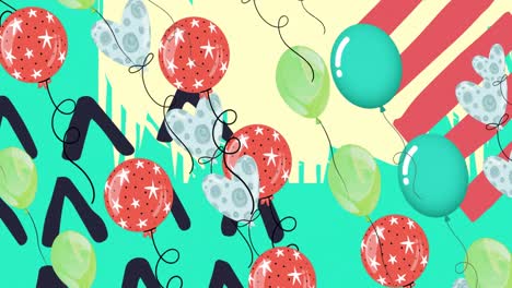 Animation-Von-Bunten-Luftballons,-Die-über-Geometrische-Formen-Auf-Blauem-Hintergrund-Fliegen