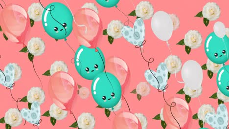 Animation-of-colorful-balloons-flying-and-roses-over-pink-background