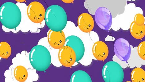 Animation-of-colorful-balloons-flying-over-cloudy-sky