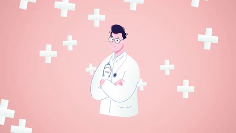 Animation-of-doctor-and-cross-icons-on-red-background