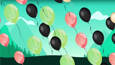 Animation-Von-Bunten-Luftballons,-Die-über-Grüne-Landschaft-Fliegen