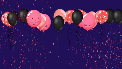 Animation-Von-Fliegenden-Bunten-Luftballons-Und-Konfetti,-Die-Auf-Blauen-Hintergrund-Fallen