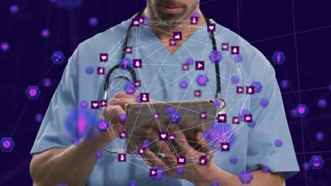 Animation-of-network-of-connections-over-male-doctor
