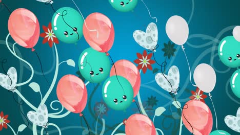 Animation-Von-Fliegenden-Bunten-Luftballons-Und-Blumen-Auf-Blauem-Hintergrund