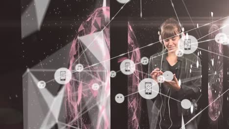 Animation-of-network-of-connections-over-woman-using-smartphone