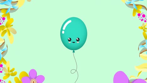 Animation-of-balloon-and-flowers-over-blue-background