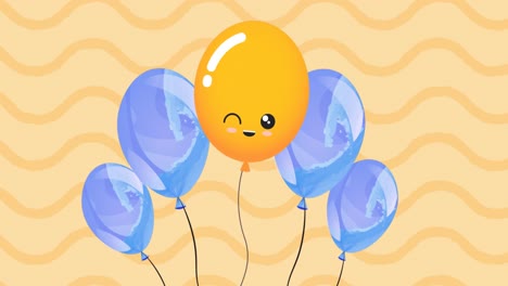 Animation-of-colorful-balloons-flying-over-wavy-yellow-background