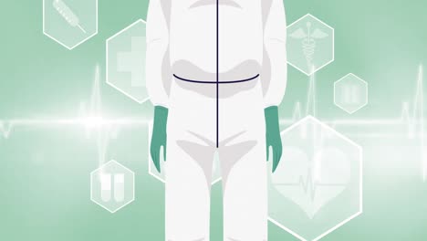 Animation-of-doctor-wearing-face-mask-and-visor-icon-over-digital-icons-on-green-background