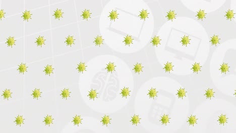 Animation-of-covid-19-virus-cells-over-digital-icons-on-grey-background