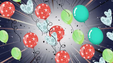 Animation-Von-Fliegenden-Bunten-Luftballons-Und-Fallendem-Konfetti-Auf-Dunklem-Hintergrund