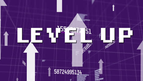 Animation-of-level-up-text-over-data-processing-and-arrows-on-purple-background