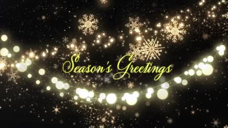 Animation-of-seasons-greetings-text-over-snow-falling-and-light-spots