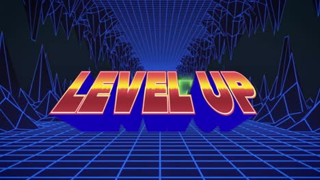 Animation-of-level-up-text-over-blue-lines-on-black-background