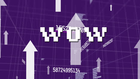 Animation-of-wow-text-over-data-processing-and-arrows-on-purple-background