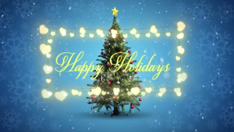 Animation-of-happy-holidays-text-over-christmas-tree-on-blue-background