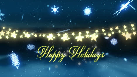 Animation-of-happy-holidays-text-over-snow-falling-and-light-spots