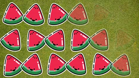 Animation-of-single-watermelons-floating-on-green-background