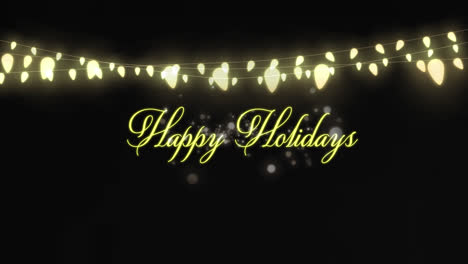 Animation-of-happy-holidays-text-and-christmas-fairy-lights-decoration-on-black-background