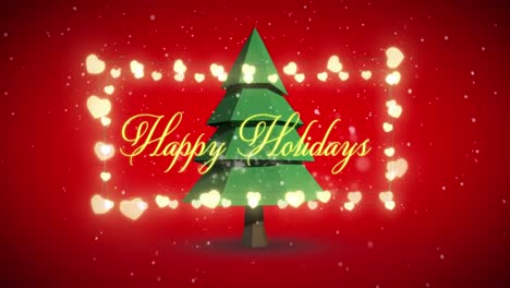 Animation-of-happy-holidays-text-over-christmas-tree-on-red-background