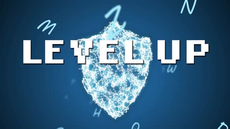Animation-Von-Level-Up-Text-über-Ein-Netzwerk-Von-Verbindungen-Und-Buchstaben-Auf-Blauem-Hintergrund