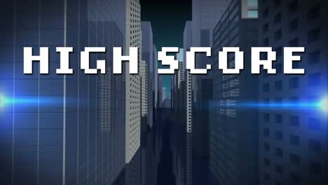 Animation-of-high-score-text-over-digital-cityscape