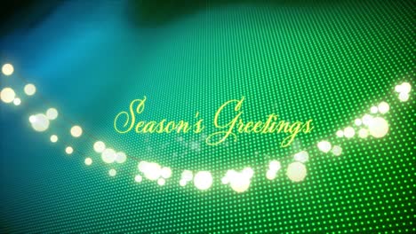 Animation-of-seasons-greetings-text-over-spots-on-green-background