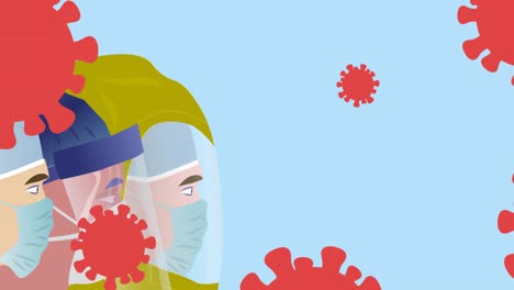 Animation-Von-Menschen-Mit-Gesichtsmasken-über-Viruszellen