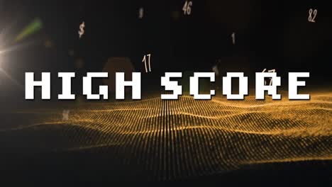 Animation-Von-Highscore-Text-über-Leuchtenden-Punkten-Und-Buchstaben-Auf-Schwarzem-Hintergrund