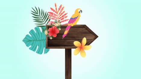 Animation-of-parrot-and-tropical-plant-leaves-over-wooden-sign-on-blue-background