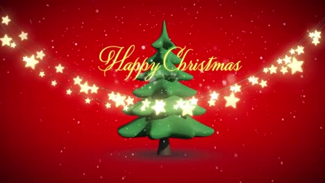 Animation-of-happy-christmas-text-over-christmas-tree-on-red-background
