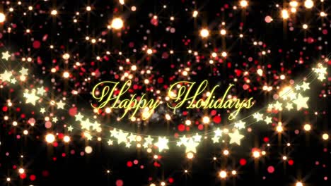 Animation-of-happy-holidays-text-over-stars-and-light-spots-on-black-background