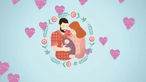 Animation-of-happy-mother-and-father-holding-baby,-in-floral-frame-with-pink-hearts-moving,-on-blue