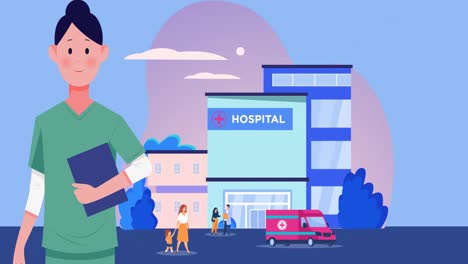 Animation-of-doctor-and-hospital-icon-moving-on-purple-background